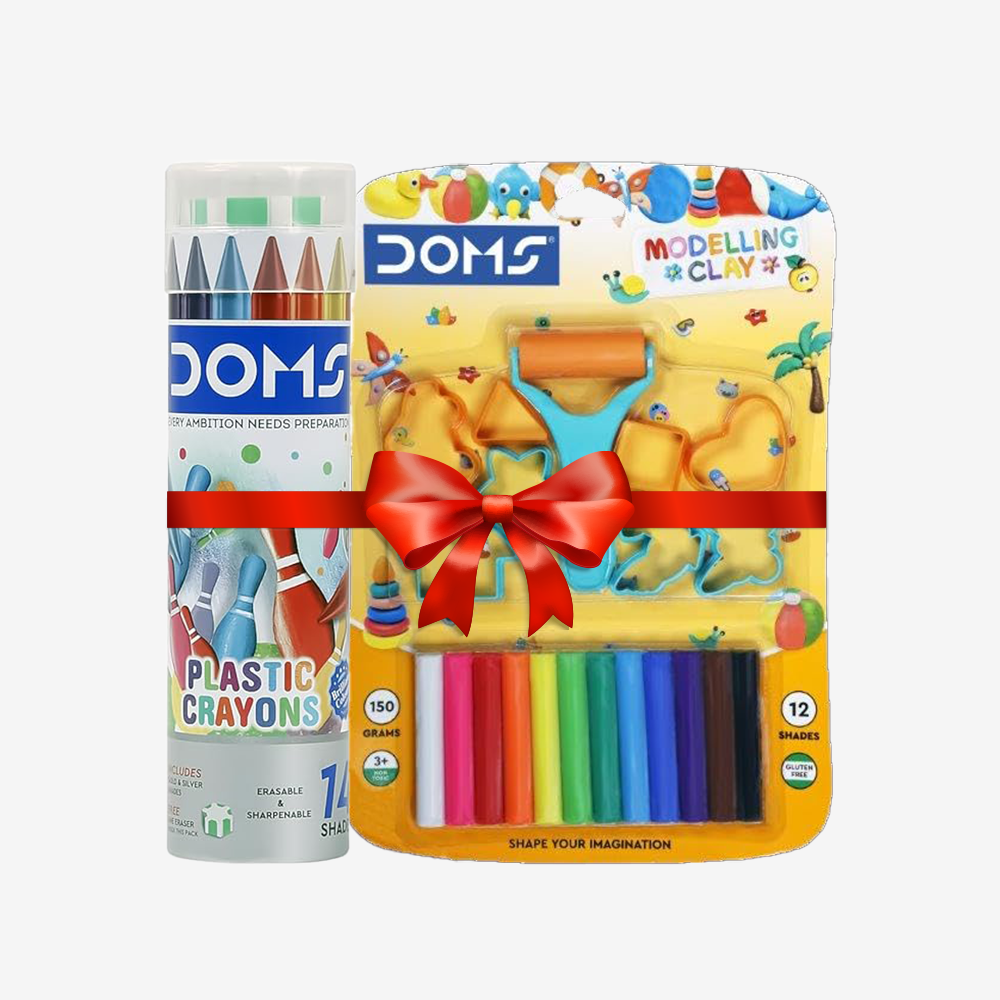 DOMS Modelling Clay 12 Shades New + Doms 14 Shades Erasable Plastic Crayons Round Tin Box