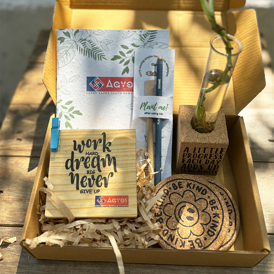 Eco Friendly Gift Hamper | Wood Quote Themed Framed Cork Propagation Planter, Table Mini Frame, Cork Coasters, Plantable Notable with seed Pen & Pencil |  For Room Home and Office Decor