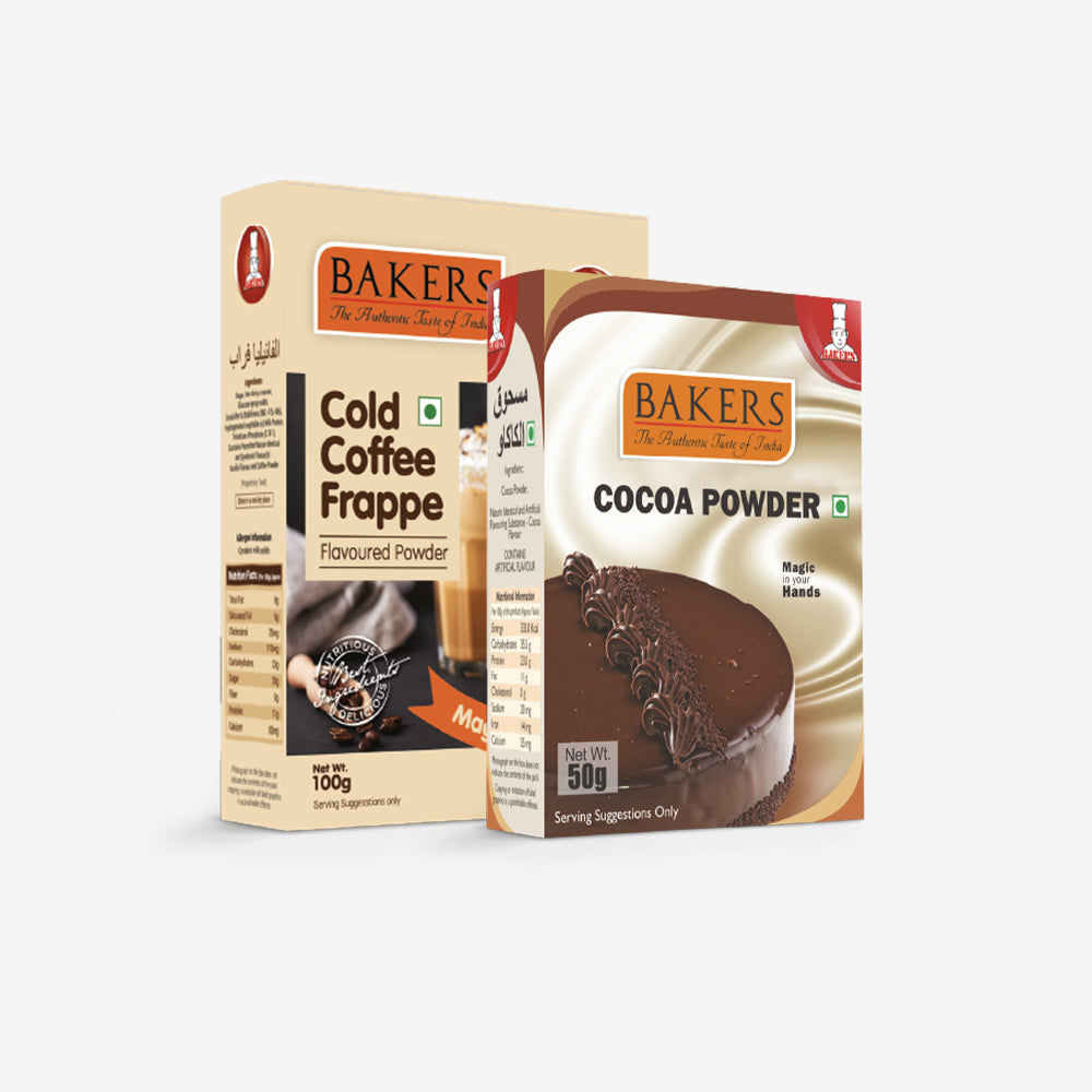 DOUBLE DELIGHT PACK 2 - BAKERS Cold Coffee Frappe Powder 100gm + Cocoa Powder 50gm