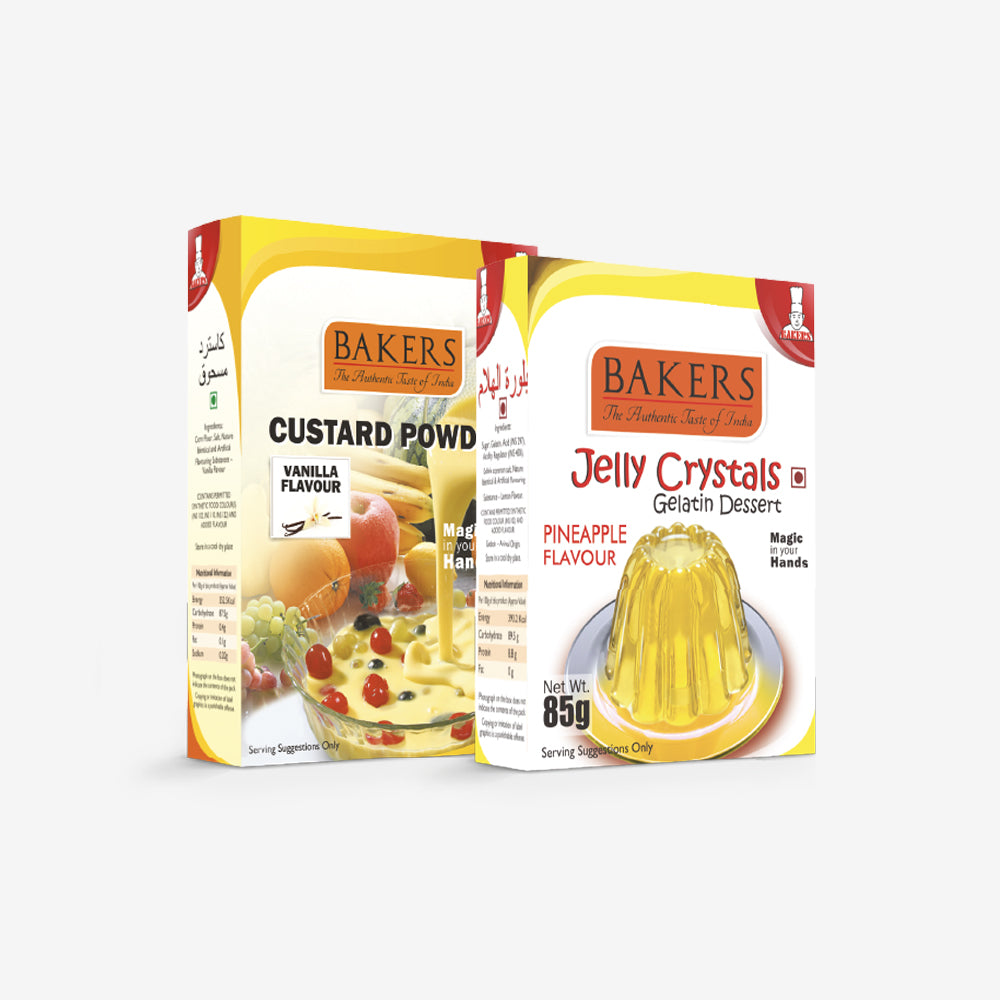 GELATIN DESSERT COMBO 2 - BAKERS Custard Powder Vanilla Flavour 200 gm + BAKERS Jelly Crystals (Gelatin Dessert) Pineapple Flavour 85 gm