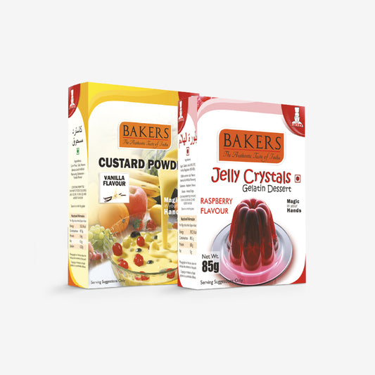 GELATIN DESSERT COMBO 3 BAKERS Custard Powder Vanilla Flavour 100 gm + BAKERS Jelly Crystals (Gelatin Dessert) Raspberry Flavour 85 gm - Pluugin Store