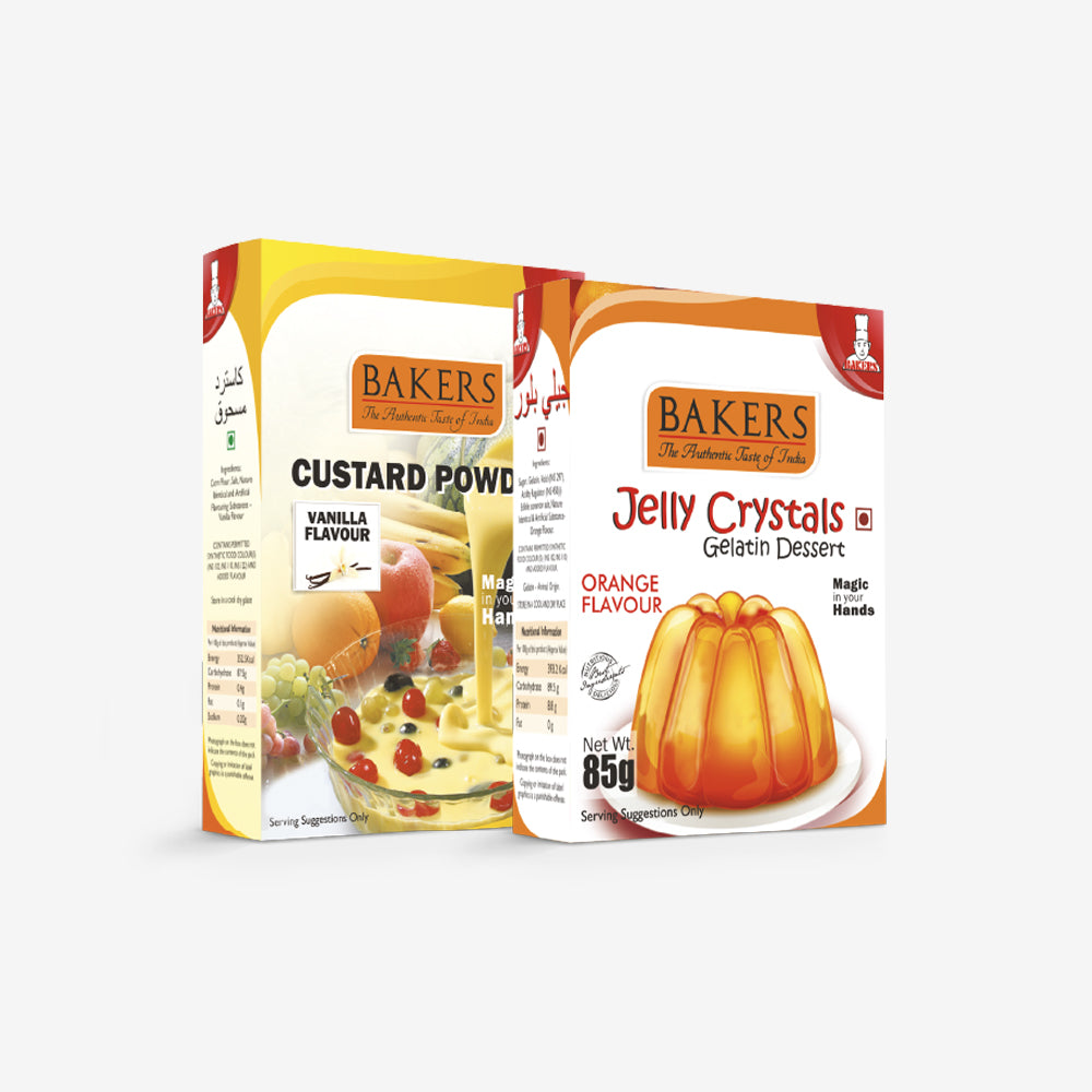 GELATIN DESSERT COMBO 5 - BAKERS Custard Powder Vanilla Flavour 200 gm +  BAKERS Jelly Crystals (Gelatin Dessert) Orange Flavour 85 gm