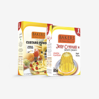 GELATIN DESSERT COMBO 6 - BAKERS Custard Powder Vanilla Flavour 200 gm + BAKERS Jelly Crystals (Gelatin Dessert) Lemon Flavour 85 gm