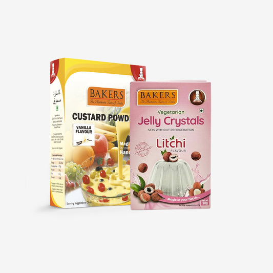 EXOTIC DESSERT COMBO 2 - BAKERS Custard Powder Vanilla Flavour 100 gm + BAKERS Jelly Crystals Litchi Flavour 90 gm