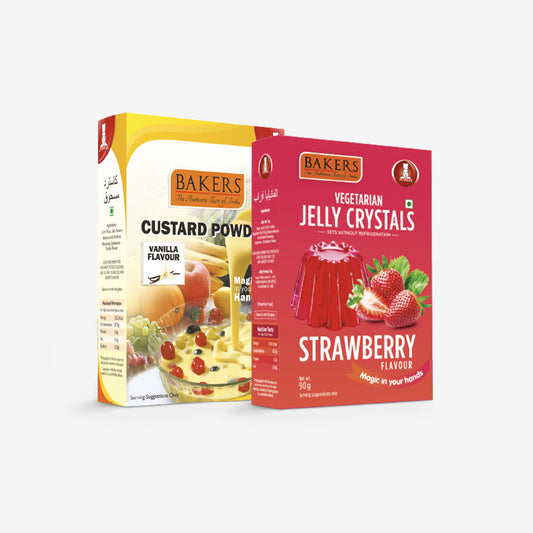 EXOTIC DESSERT COMBO 4 - BAKERS Custard Powder Vanilla Flavour 200 gm + BAKERS Jelly Crystals Strawberry Flavour 90 gm