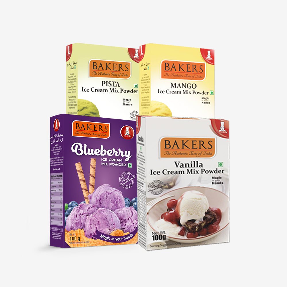 BAKERS Ice Cream Mix Powder Pista + Mango+ Vanilla+ Blueberry Flavour Pack of 4