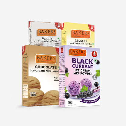 BAKERS Ice Cream Mix Powder Vanilla + Black Current + Mango + Chocolate Flavour Pack of 4