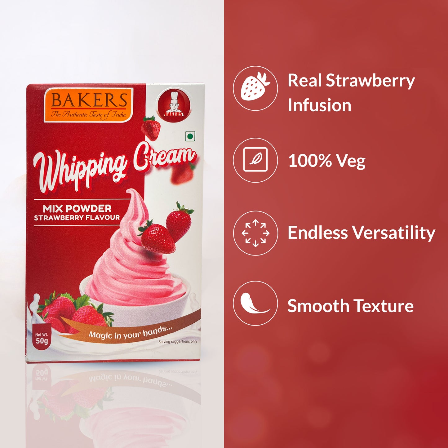 BAKERS Whipping Cream Strawberry Flavour 100% Veg for Cakes, Muffins, Cupcakes Pack of 3 (50 gm x 3) - Global Plugin