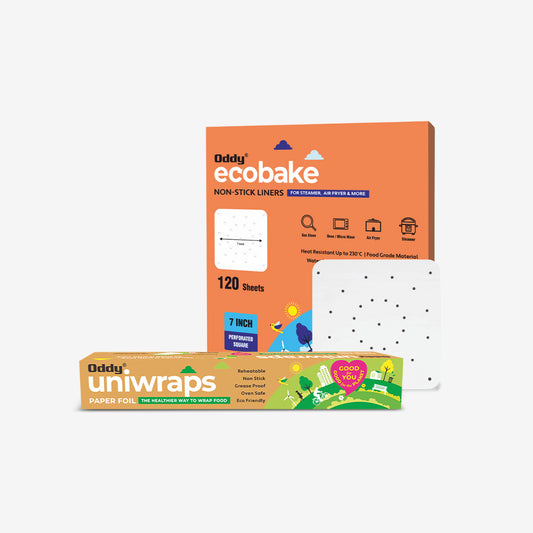 WRAP & BAKE DUO 3 - Oddy Uniwraps Food Wrapping Paper 11"  (20M) + Oddy Ecobake+ Non-Stick Baking Paper for Steamer, Airfryer & More - Perforated, 7 Inch Square, 120 Pcs, White