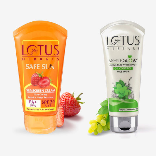 Lotus Herbals Safe Sun Sunscreen Cream - Breezy Berry SPF 20 PA 100g + Lotus Herbals White Glow Active Skin Whitening and Oil Control Facewash, 100g (Buy 1 Get 1)