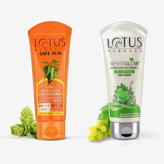 Lotus Herbals Tinted Sunscreen SPF40 Cream 50g + Lotus Herbals White Glow Active Skin Whitening and Oil Control Facewash, 100g (Buy 1 Get 1)