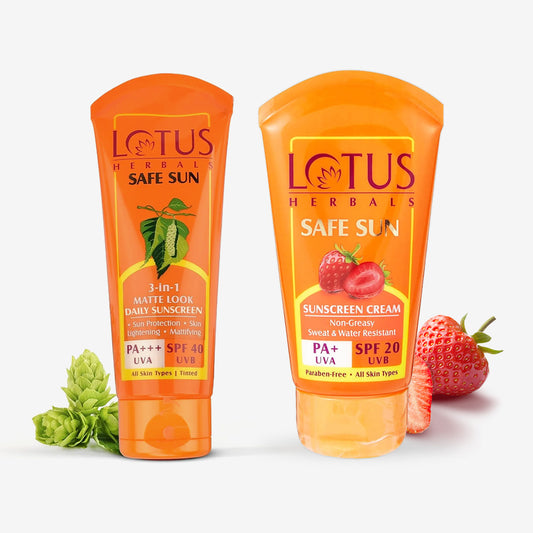 Lotus Herbals Tinted Sunscreen SPF40 Cream 50g + Lotus Herbals Safe Sun Sunscreen Cream - Breezy Berry SPF 20 PA 100g  (Buy 1 Get 1)