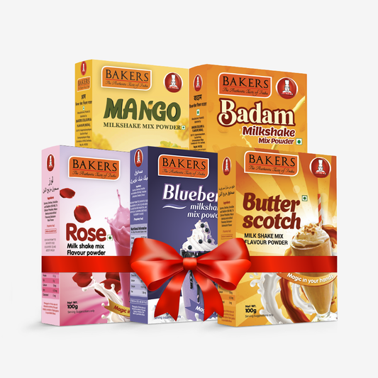 BAKERS Milkshake Mix Powder Pack of 5 MANGO + CHOCOLATE + BUTTERSCOTCH + BLUEBERRY + ROSE