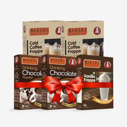 BAKERS 2 Drinking Choco + 2 Cold Coffee + 1 Vanilla Frappe Powder  Pack of 5 100gm