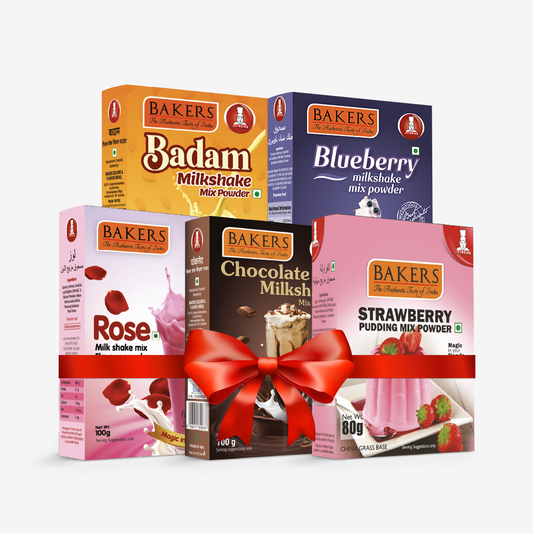 BAKERS Milkshake Mix Powder Pack of 5 STRAWBERRY + CHOCOLATE + BADAM + BLUEBERRY + ROSE