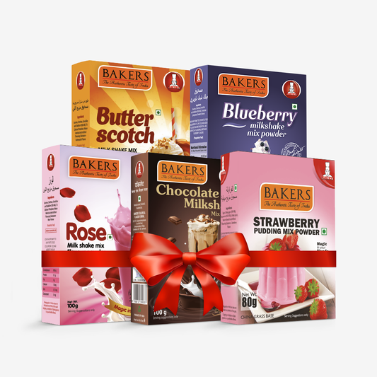 BAKERS Milkshake Mix Powder Pack of 5 STRAWBERRY + CHOCOLATE + BUTTERSCOTCH + BLUEBERRY + ROSE