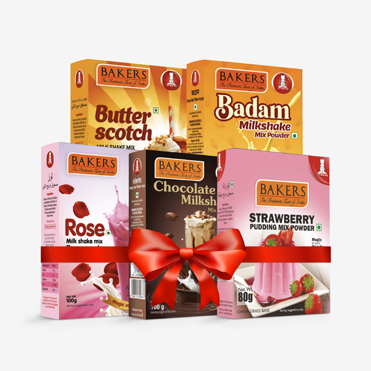 BAKERS Milkshake Mix Powder Pack of 5 STRAWBERRY + CHOCOLATE + BUTTERSCOTCH + BADAM + ROSE