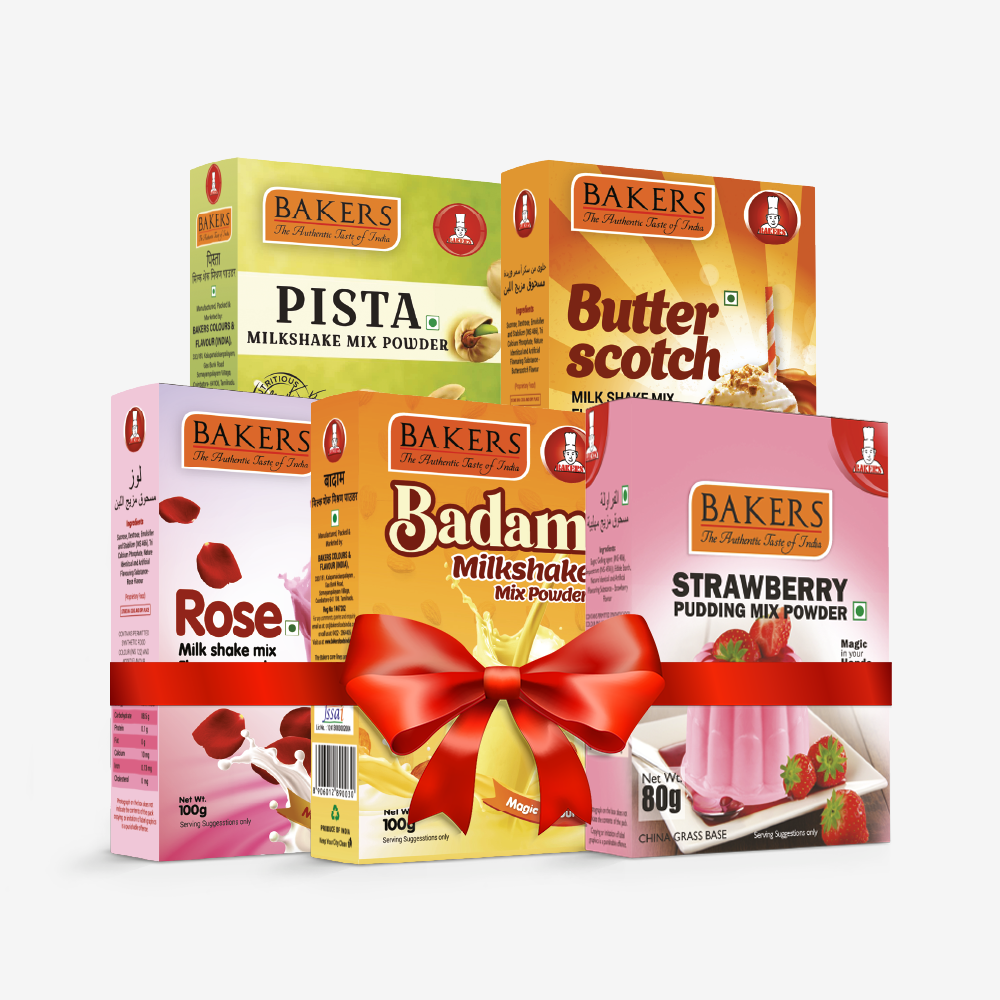 BAKERS Milkshake Mix Powder Pack of 5 STRAWBERRY + PISTA + BUTTERSCOTCH + BADAM + ROSE