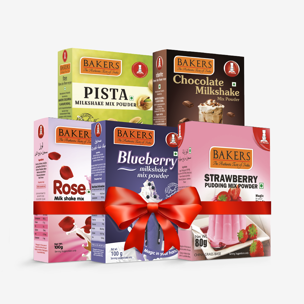 BAKERS Milkshake Mix Powder Pack of 5 STRAWBERRY + PISTA + CHOCOLATE + BLUEBERRY + ROSE