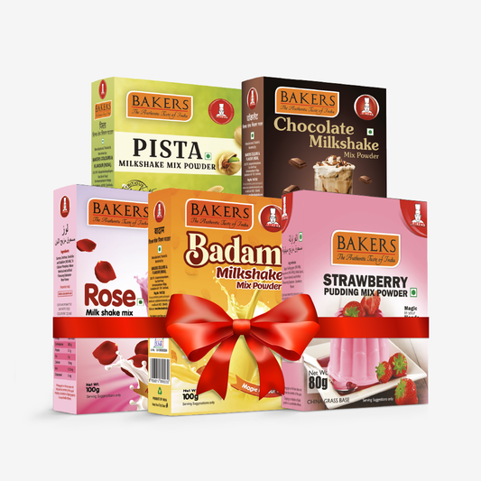 BAKERS Milkshake Mix Powder Pack of 5 STRAWBERRY + PISTA + CHOCOLATE + BADAM + ROSE