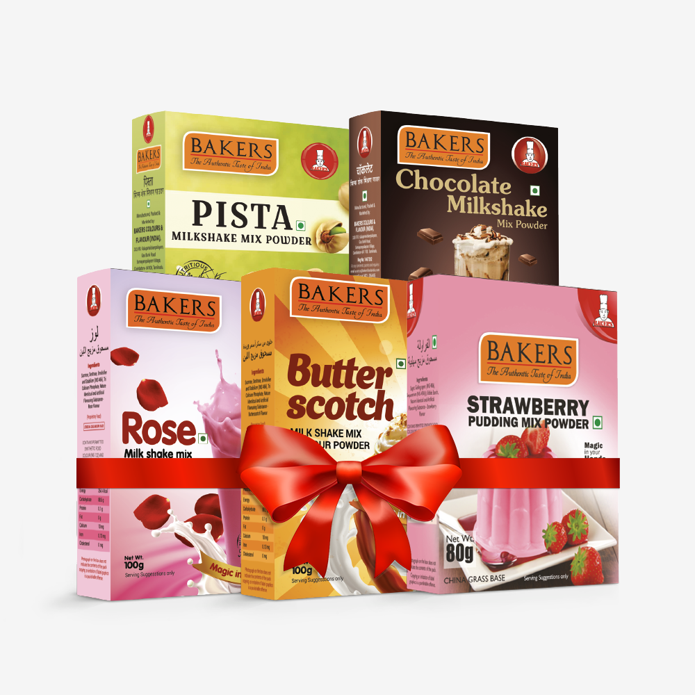 BAKERS Milkshake Mix Powder Pack of 5 STRAWBERRY + PISTA + CHOCOLATE + BUTTERSCOTCH + ROSE