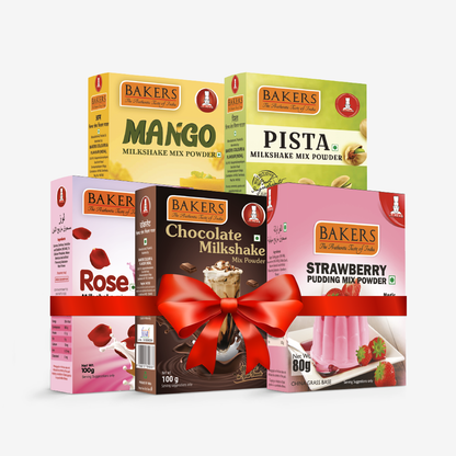 BAKERS Milkshake Mix Powder Pack of 5 STRAWBERRY + MANGO + PISTA + CHOCOLATE + ROSE