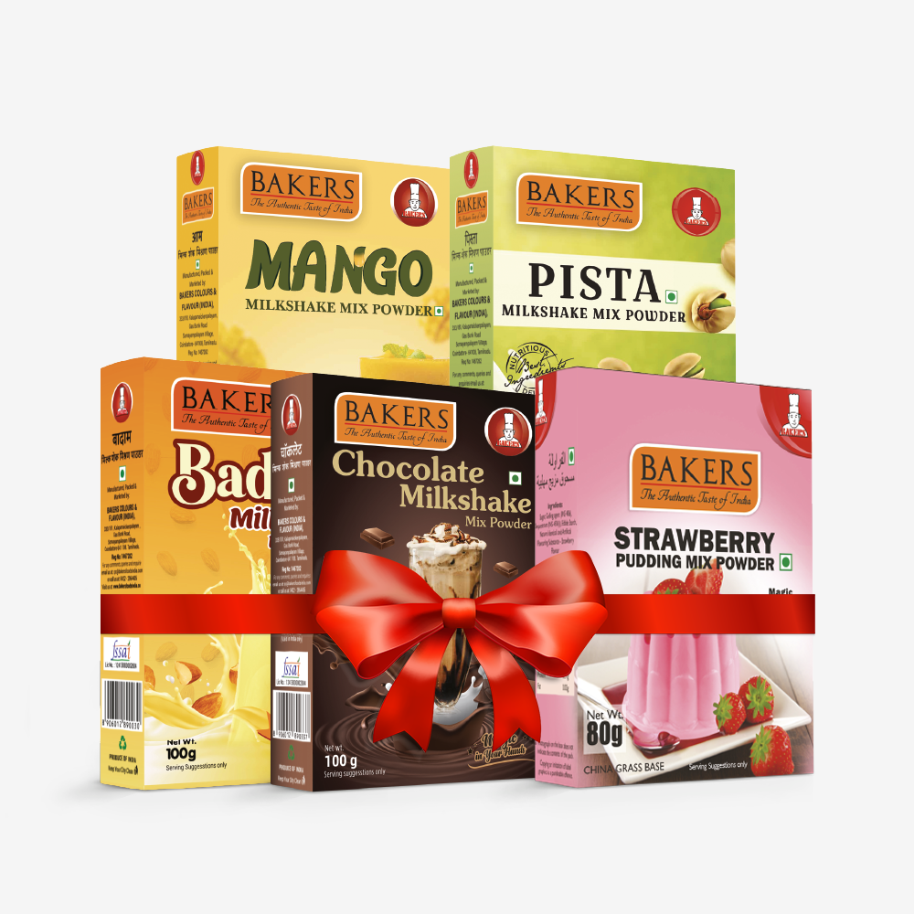 BAKERS Milkshake Mix Powder Pack of 5 STRAWBERRY + MANGO + PISTA + CHOCOLATE + BADAM