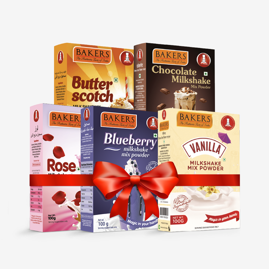 BAKERS Milkshake Mix Powder Pack of 5 VANILLA + CHOCOLATE + BUTTERSCOTCH + BLUEBERRY + ROSE