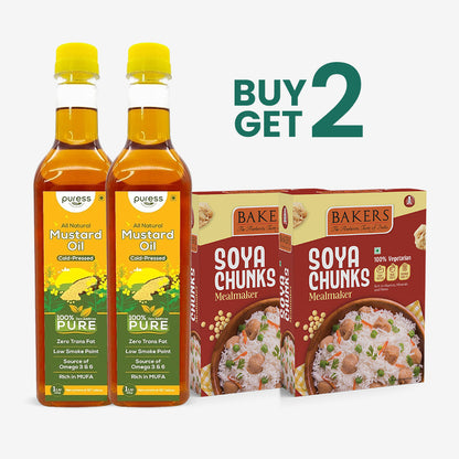 Puress Cold Pressed Mustard Oil Pack of 2 (1 Liter x 2) + BAKERS Soya Chunk Mealmaker Pack of 2 (200 gm x 2)