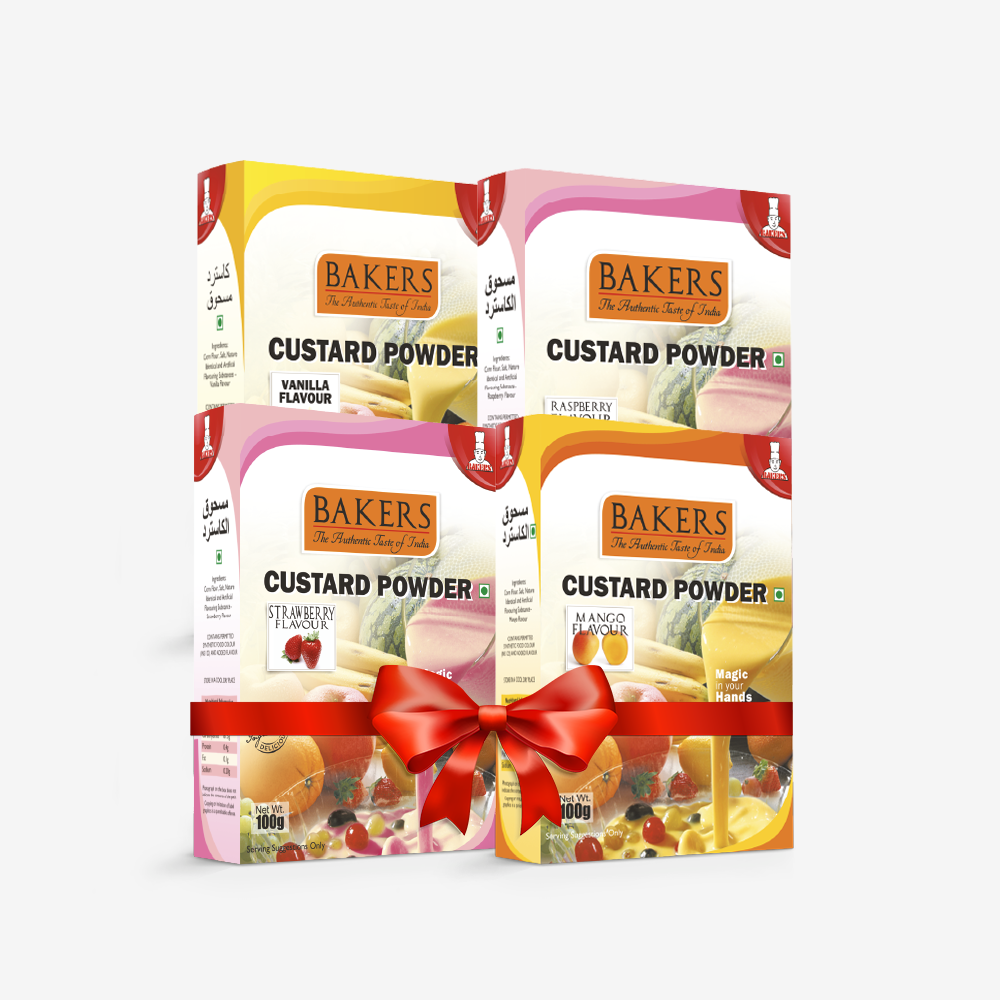 CUSTARD COMBO - BAKERS Custard Powder Vanilla + Strawberry + Mango + Raspberry (Pack of 4) 100gm Each