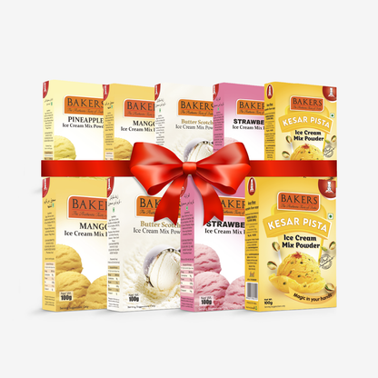 BAKERS Ice Cream Mix Powder 2 Strawberry +2 Mango + 1 Pineapple +2 Butterscotch +2 Kesar Pista Flavour (Pack of 9)