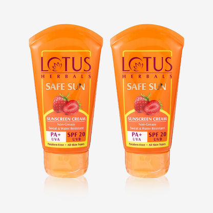 Lotus Herbals Safe Sun Sunscreen Cream - Breezy Berry SPF 20 PA+| Sweat & Waterproof, Non-Greasy| Berry extract | All skin types |  100gm Pack Of 2